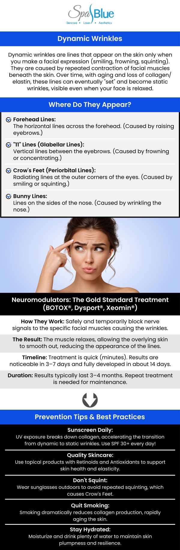 Dynamic Wrinkles form from repeated facial expressions like smiling, frowning, and squinting. These wrinkles can be treated and softened with Botox, without sacrificing your natural look. Spa Blue in Orlando, FL offers personalized Botox® treatments designed to relax targeted muscles while preserving facial movement and expression with other rejuvenation treatments. With expert injector Janet Beres, you can enjoy smoother, refreshed skin that still looks like you.For more information, contact us today or schedule an appointment online. We serve clients from Orlando, FL, and surrounding areas. Dynamic Wrinkles form from repeated facial expressions like smiling, frowning, and squinting. These wrinkles can be treated and softened with Botox, without sacrificing your natural look. Spa Blue in Orlando, FL offers personalized Botox® treatments designed to relax targeted muscles while preserving facial movement and expression with other rejuvenation treatments. With expert injector Janet Beres, you can enjoy smoother, refreshed skin that still looks like you.For more information, contact us today or schedule an appointment online. We serve clients from Orlando, FL, and surrounding areas.