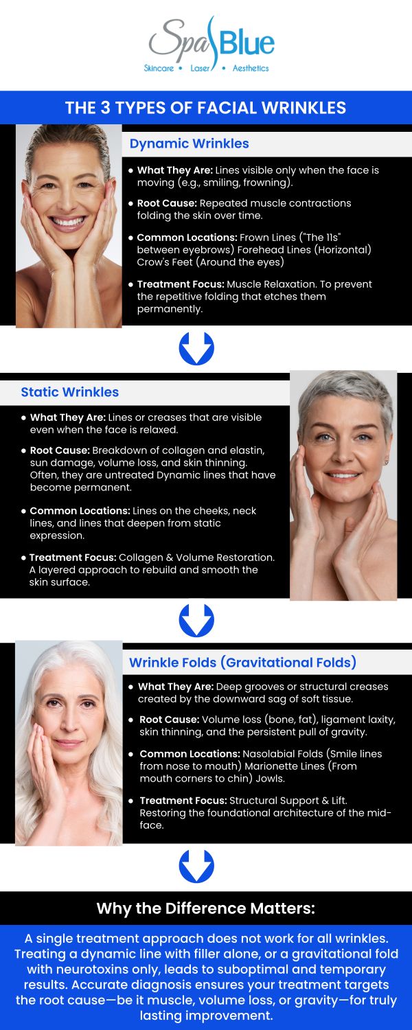 Learn the difference between dynamic wrinkles, static wrinkles, and wrinkle folds and how Spa Blue Orlando treats each with precision. Using advanced injectables, like BOTOX® Cosmetic, and rejuvenation therapies, Janet Beres helps reduce lines, restore structure, and prevent new wrinkles from forming. Enjoy smoother, younger-looking skin with results that look effortless and natural. For more information, contact us or schedule an appointment online. We are conveniently located at 7565 W Sand Lake Road, Orlando, FL 32819. Learn the difference between dynamic wrinkles, static wrinkles, and wrinkle folds and how Spa Blue Orlando treats each with precision. Using advanced injectables, like BOTOX® Cosmetic, and rejuvenation therapies, Janet Beres helps reduce lines, restore structure, and prevent new wrinkles from forming. Enjoy smoother, younger-looking skin with results that look effortless and natural. For more information, contact us or schedule an appointment online. We are conveniently located at 7565 W Sand Lake Road, Orlando, FL 32819.