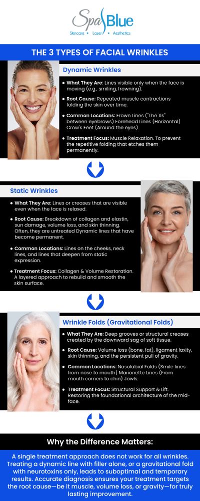 Learn the difference between dynamic wrinkles, static wrinkles, and wrinkle folds and how Spa Blue Orlando treats each with precision. Using advanced injectables, like BOTOX® Cosmetic, and rejuvenation therapies, Janet Beres helps reduce lines, restore structure, and prevent new wrinkles from forming. Enjoy smoother, younger-looking skin with results that look effortless and natural. For more information, contact us or schedule an appointment online. We are conveniently located at 7565 W Sand Lake Road, Orlando, FL 32819. Learn the difference between dynamic wrinkles, static wrinkles, and wrinkle folds and how Spa Blue Orlando treats each with precision. Using advanced injectables, like BOTOX® Cosmetic, and rejuvenation therapies, Janet Beres helps reduce lines, restore structure, and prevent new wrinkles from forming. Enjoy smoother, younger-looking skin with results that look effortless and natural. For more information, contact us or schedule an appointment online. We are conveniently located at 7565 W Sand Lake Road, Orlando, FL 32819.